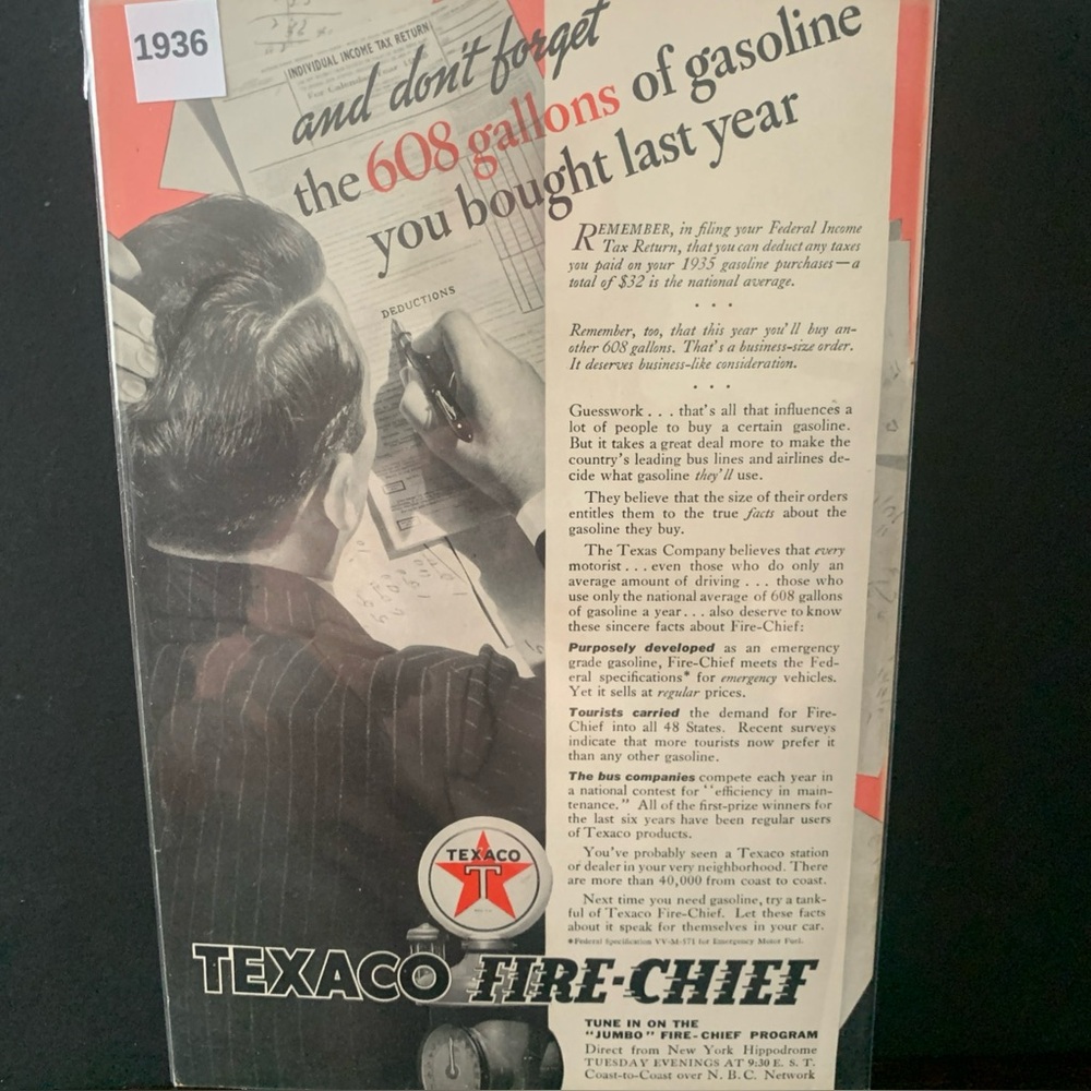 Vintage 1936 Texaco Fire Chief 608 Gallons You Bought Year Ad Advertisement
